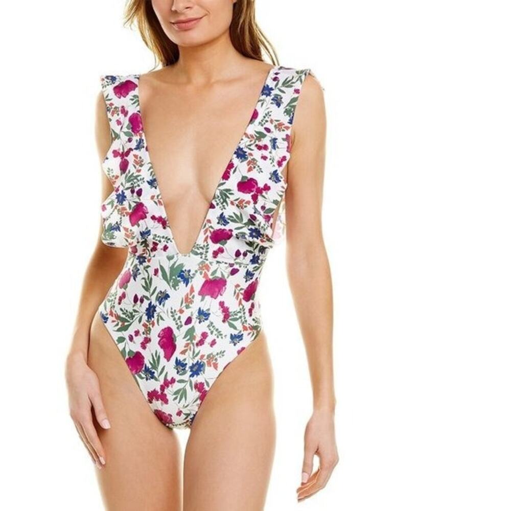 Vix Women's Clover‎ Ruffle Cap Sleeves Liz Plunge Neck One Piece Swimsuit Size M